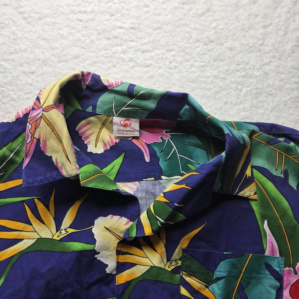 Vintage Scorpio Shirt Mens Large Multicolor Floral Hawaiian Button-Up Casual USA